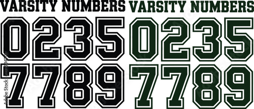 Varsity Number Vector Set Featuring Black and Dark Green Collegiate Style Digits with White Outlines for Athletic Jersey and Sports Apparel Design