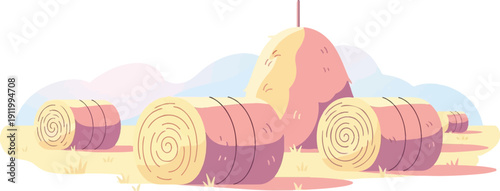 Stylized farm scene with round hay bales under a soft, pastel sky