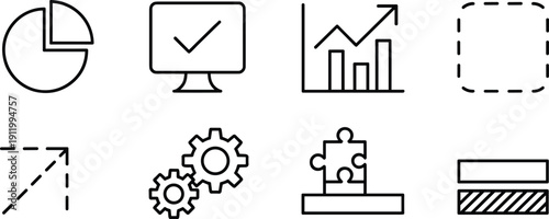 Collection of black and white data visualization icons including charts, gears, puzzle, monitor, arrows, and interface design elements
