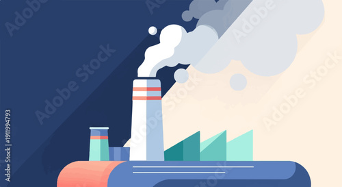 Stylized factory with smoke billowing from a tall chimney