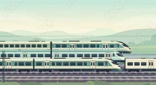 Stylized illustration of multiple modern trains lined up on parallel tracks