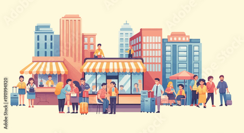 Stylized illustration of people with luggage in a city with storefronts