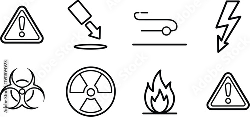 Collection of black and white safety and hazard icons including warning, biohazard, radiation, flammable, corrosive, electrical, and machinery danger symbols