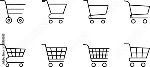 Collection of black and white shopping cart icons featuring various basket designs, wheel placements, and styles for e-commerce and retail use