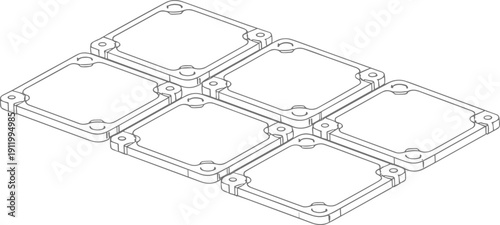 Isometric technical drawing of square metal plates with mounting holes for industrial engineering hardware manufacturing and mechanical assembly design projects
