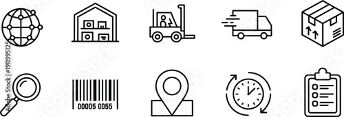 Set of logistics and supply chain line icons featuring global shipping warehousing forklift delivery truck barcode and inventory management symbols