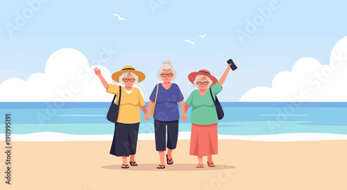 Three elderly women enjoying a sunny day at the beach, holding hands
