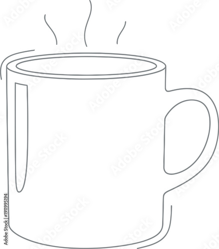 Simple black and white continuous line art drawing of a steaming hot beverage contained within a classic ceramic coffee mug symbolizing warmth and morning routine.