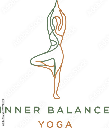 Minimalist line art logo design featuring a stylized female figure gracefully executing the vrksasana tree pose symbolizing yoga and achieving inner harmony and wellness