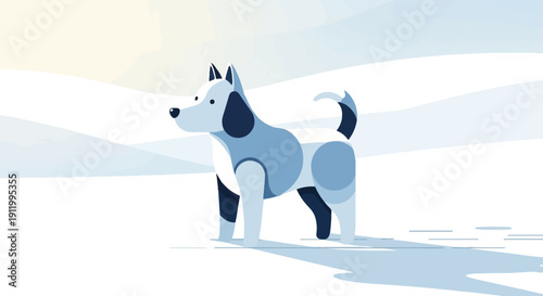 Stylized dog in a blue, white, and yellow snowy landscape