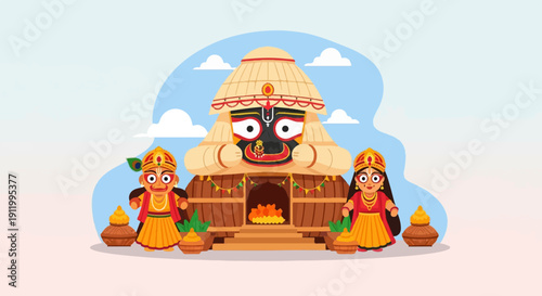 Stylized Indian deities with a grand temple structure