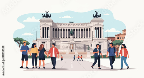 Stylized group of friends walking in front of a grand historic building