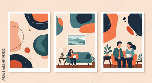 Three framed abstract art pieces with a modern, minimalist living room scene