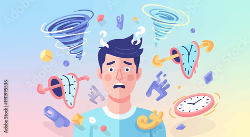 Stressed person overwhelmed by swirling chaos and distorted time
