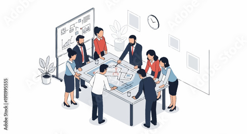 Team of professionals collaborating around a table with a large project plan.