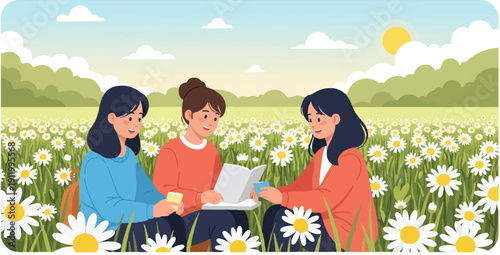 Three friends enjoying a sunny day reading in a field of daisies