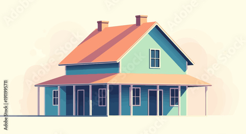 Stylized detached house with a porch and twin chimneys