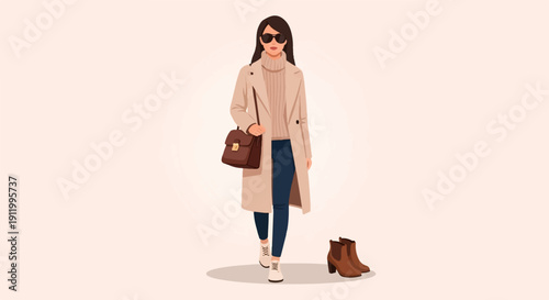 Stylish woman in a light coat and sweater with a satchel