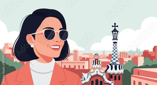 Stylish woman wearing sunglasses against a city skyline and ornate architecture