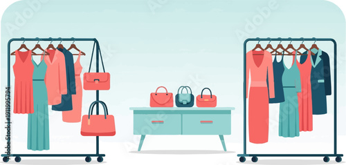 Stylish women's clothing and handbags displayed on racks and a cabinet