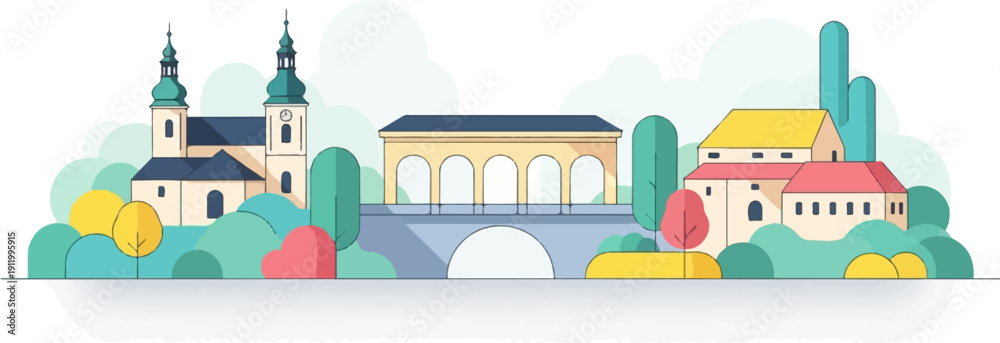 Obraz premium Stylized architectural landscape with a church, bridge, and buildings