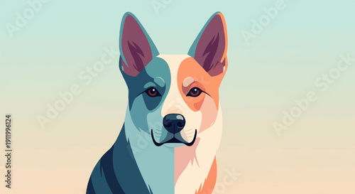 Stylized portrait of a dog with asymmetrical color blocking