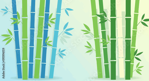 Stylized bamboo stalks in vibrant green and blue hues against a soft, gradient background
