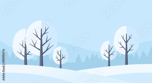 Stylized bare trees stand on snowy hills under a clear sky