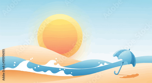 Stylized beach scene with large sun, ocean waves, and a blue umbrella