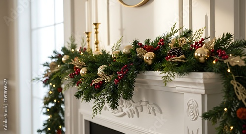 Festive fireplace mantel with christmas garland and ornaments for holiday decor