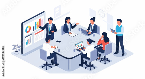 Business professionals collaborating in a modern office meeting room.