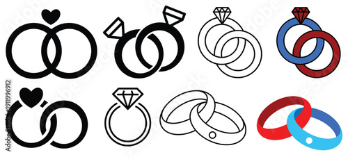 Wedding rings and diamonds set love marriage symbols vector illustration flat design