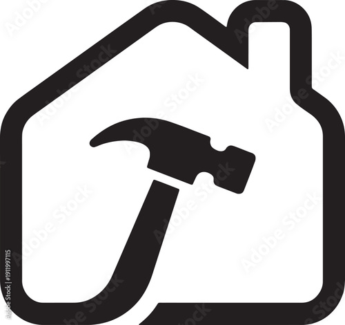 Home Repair Logo with Hammer, House Maintenance Icon, Construction and Renovation Symbol, Handyman Service Vector, Modern Minimalist Black and White Design, Property Improvement Branding Emblem