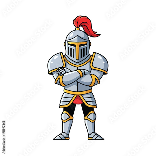Full Body Cartoon Illustration of a Steadfast Medieval Knight in Armor with Arms Crossed