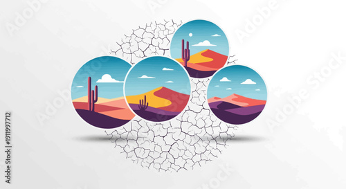 Stylized desert landscapes with cacti and dunes inside circular frames