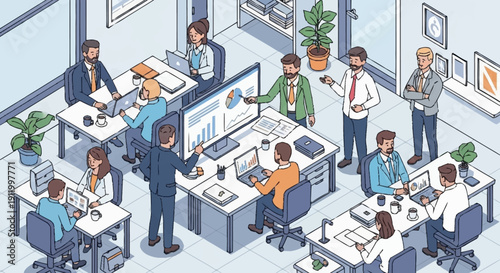 Busy office environment with coworkers collaborating and working on computers.