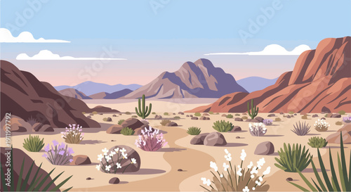 Stylized desert landscape with scattered cacti, rocks, and flowering bushes