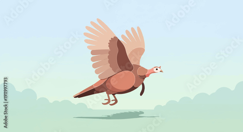 Stylized turkey bird in mid-flight with wings spread against sky and clouds