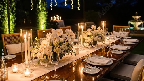 Elegant outdoor dinner party with white flowers and candles on a long wooden table