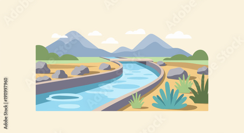 Stylized landscape with a flowing canal, mountains, rocks, and plants