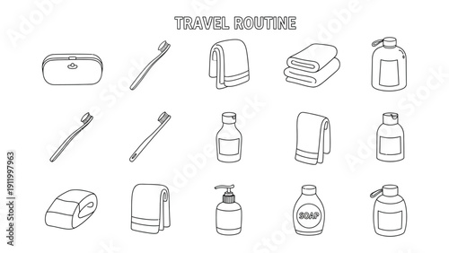 Obraz na płótnie Travel Essentials: Outlined illustrations showcase essential travel toiletries, a clean and organized layout perfect for highlighting personal care and packing necessities