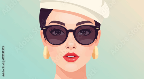 Stylized portrait of a woman with dark hair, sunglasses, red lips, and earrings