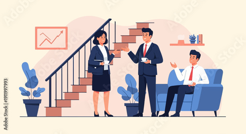 Three professionals in suits discuss business over coffee near stairs