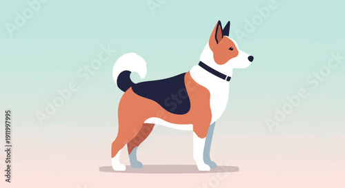 Stylized tri-color dog with fluffy tail, standing alert