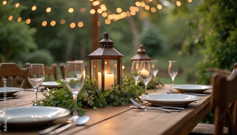 Obraz premium Outdoor wooden table set for dinner with candle lantern centerpiece. Plants and string lights add warmth. Guests await meal in cozy garden setting.