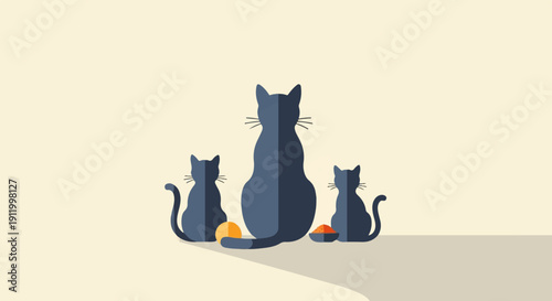 Three silhouetted cats, two small and one large, sit on a light surface with a shadow