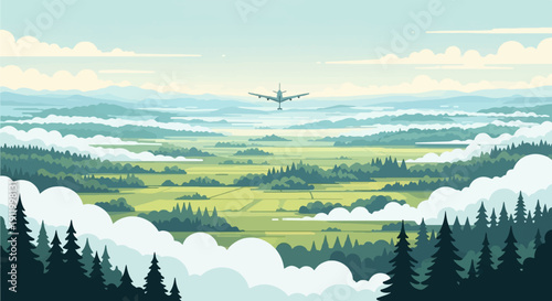 Stylized landscape with airplane flying over layered green hills and clouds