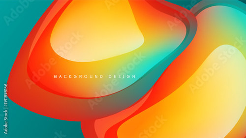 Abstract fluid shapes blend vibrant colors. Orange, yellow, turquoise create dynamic composition against black backdrop. Modern design element.