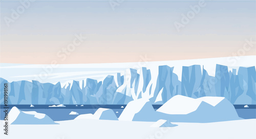 Stylized icy landscape with towering glaciers meeting calm blue water