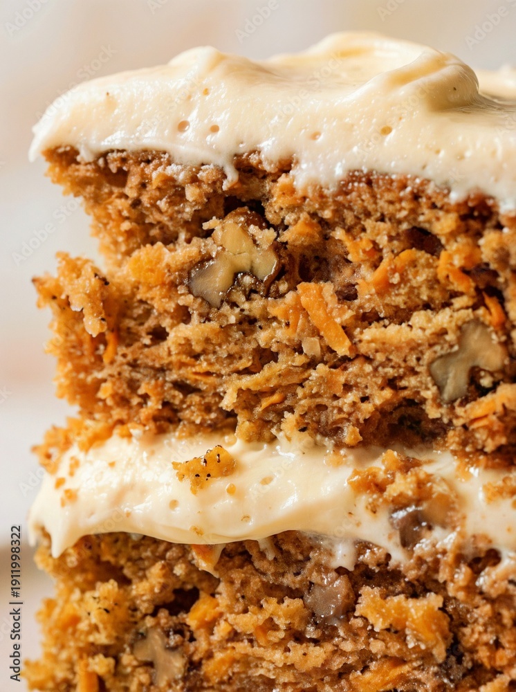 Fototapeta premium Decadent Carrot Cake Slice: Extreme Macro Close-Up of Moist Layers and Cream Cheese Frosting.